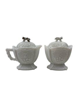 Westmoreland White Milk Glass Creamer & Sugar Bowl Set Cherry & Grape Pattern